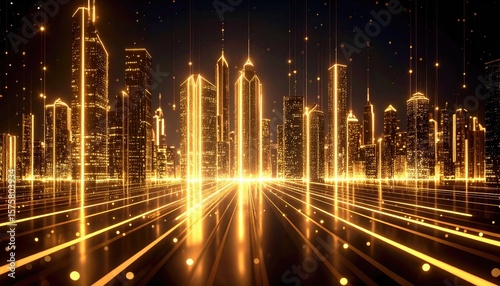 Futuristic city at night with golden light trails