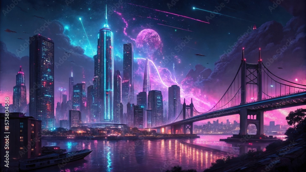 Fototapeta premium Futuristic cityscape with neon lights and cosmic sky