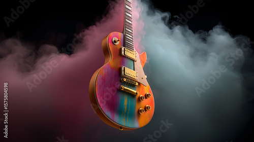 Orange electric guitar with colorful thick smoke on dark background
