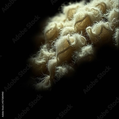A dramatic cinematic style image of a wool texture, featuring high contrast low key lighting, deep shadows, and a film-like composition.