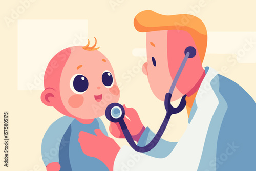 Simple Vector Illustration Pediatrician Examining a Baby