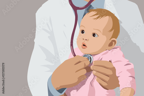 Simple Vector Illustration Pediatrician Examining a Baby
