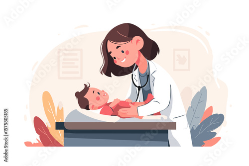 Simple Vector Illustration Pediatrician Examining a Baby