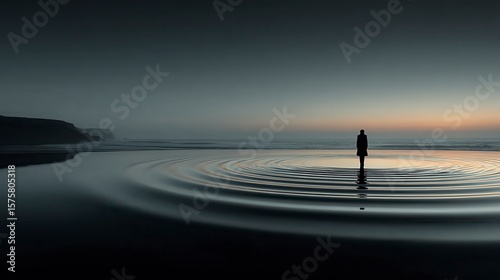A lone figure gazes out at the serene expanse where water and sky converge, bathed in a soft, contemplative light, suggesting solitude and a connection with the vastness of nature.
