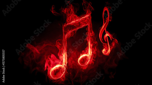 Illustration of musical notes burning fire floating on dark background