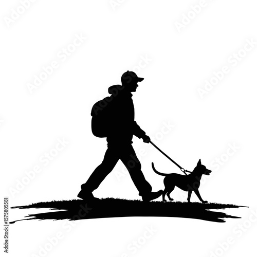 Guide dog crossing road in silhouetted image, showing man with seeing eye dog on walk. Guide dog crossing signifies independence and mobility for visually impaired person.