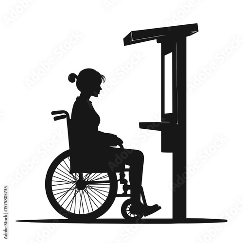 Wheelchair at information kiosk featuring woman in silhouette, showing accessible service station. Wheelchair at information kiosk with accessible design demonstrates consideration and inclusion.