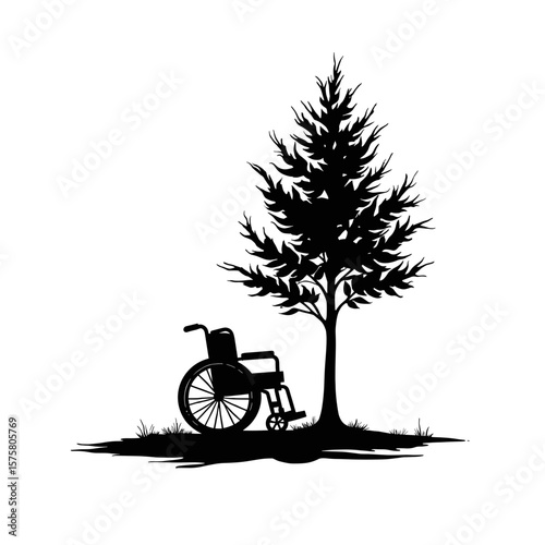 Wheelchair next to tree with natural landscape in monochromatic silhouette. Wheelchair next to tree shows inclusiveness and accessible design, wheelchair representing mobility, freedom,