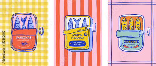 Sea food, fish, canned sardines fish, anchovy colorful vector illustrations for t shirt print, poster, sticker and packaging design