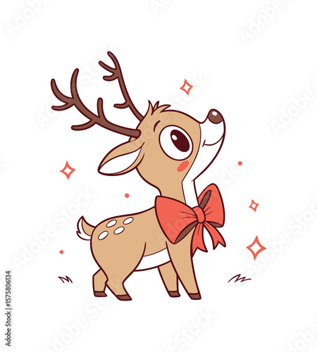 "Cute Reindeer Vector with Red Bow, Antlers, and Playful Expression"