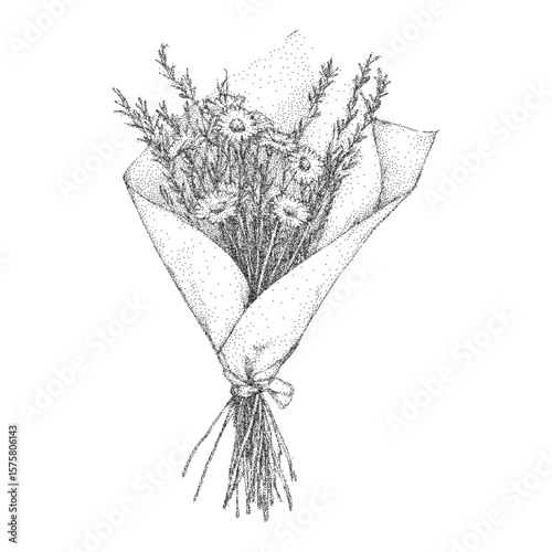 Bouquet of flowers is wrapped in a white paper. Retro pop art stipple sketch, paper photocopy texture, threshold.