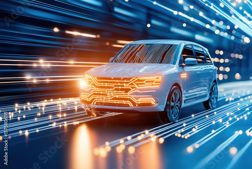 Futuristic car design with glowing lines and lights, representing speed and technology. vehicle is set against dynamic background, conveying motion and innovation