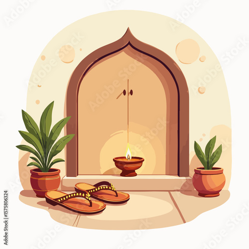 Traditional Indian doorway décor with diya and sandals for Navratri festival. Traditional Indian doorway featuring earthen diya and decorative sandals enhances nine nights celebrations.