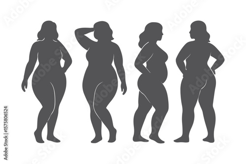 Embracing Diversity: Silhouette of four different plus-size figures, promoting body positivity and inclusion in elegant and sophisticated poses.