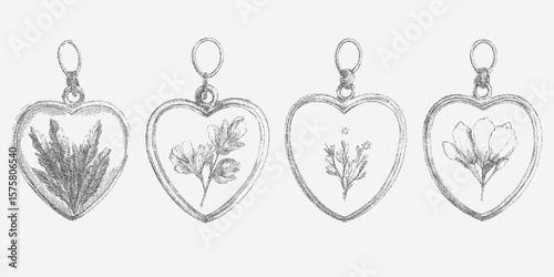 Four heart shaped pendants with flowers on them. Retro pop art stipple sketch, paper photocopy texture, threshold.