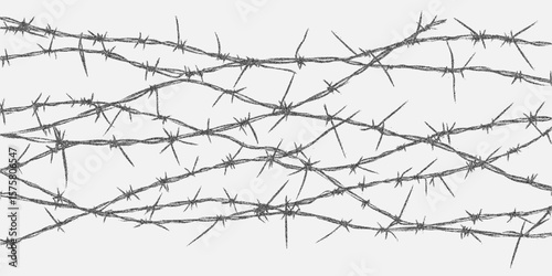 Wire fence with many barbed wire spikes, twisted and bent. Retro pop art stipple sketch, paper photocopy texture, threshold.