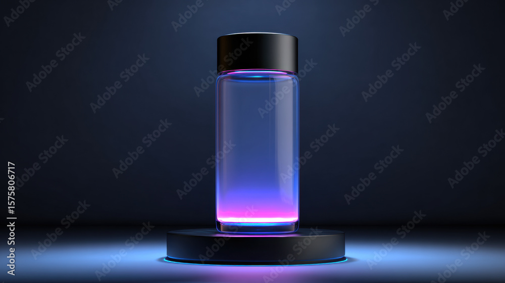 Cylindrical tech bottle mockup with glowing base, no writing or symbols, futuristic display Cylindrical tech bottle mockup with glowing base, no writing or symbols, futuristic display