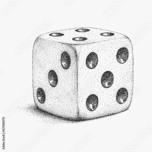 White die with black dots. Ink sketch with stipple shading and noisy halftone. Rough photocopy paper grain, lofi retro print feel.