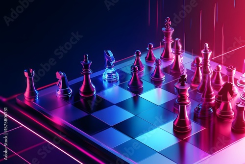 Strategic Battle of Minds Unfolding on a Neon Lit Chessboard