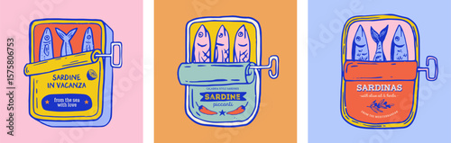 Sea food, fish, canned sardines fish, anchovy colorful vector illustrations for t shirt print, poster, stickers