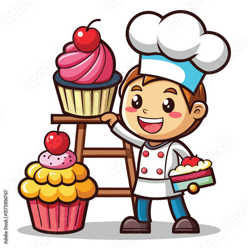 Cartoon chef holding cupcakes and a cake on a ladder