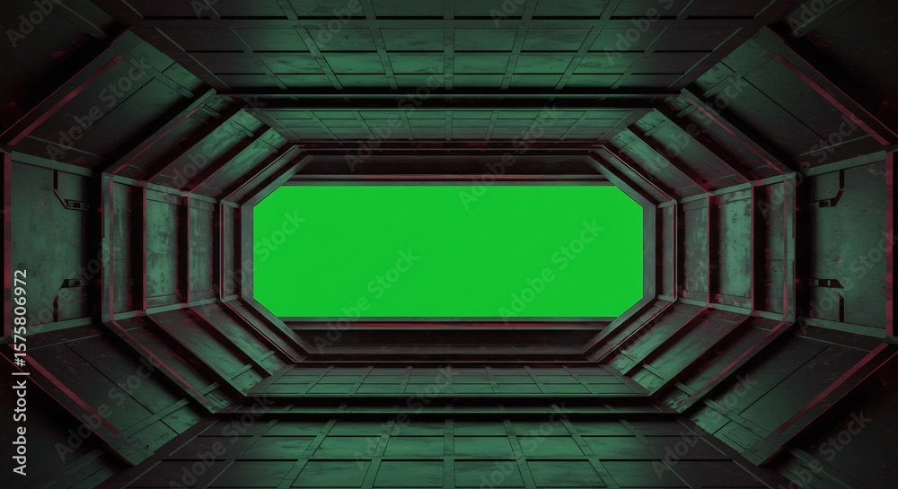 Obraz premium Sci-Fi Tunnel with Green Screen: Dark, Geometric, Industrial Interior
