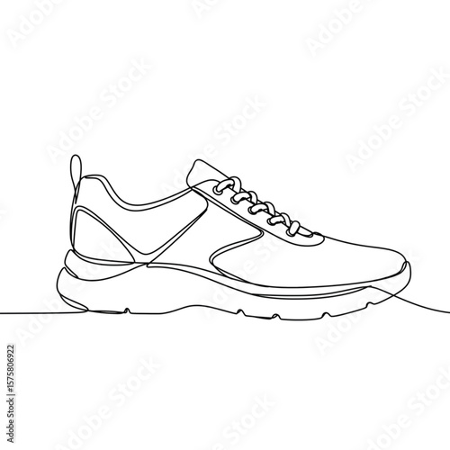 Sporty sneaker line art showcases footwear in a minimalist style, suitable for athletic shoe branding or fitness-related design projects requiring a clean aesthetic.