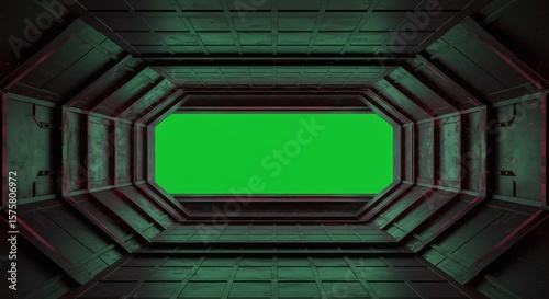 Fototapeta Naklejka Na Ścianę i Meble -  Sci-Fi Tunnel with Green Screen: Dark, Geometric, Industrial Interior