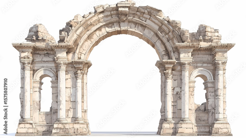 Obraz premium Ruin of an ancient archway against a white background.