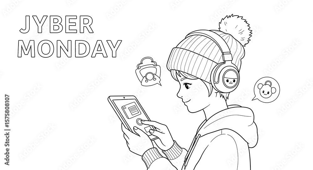 Cute girl with headphones and smartphone text messaging on cyber monday isolated on transparent background Cute girl with headphones and smartphone text messaging on cyber monday isolated on transparent background