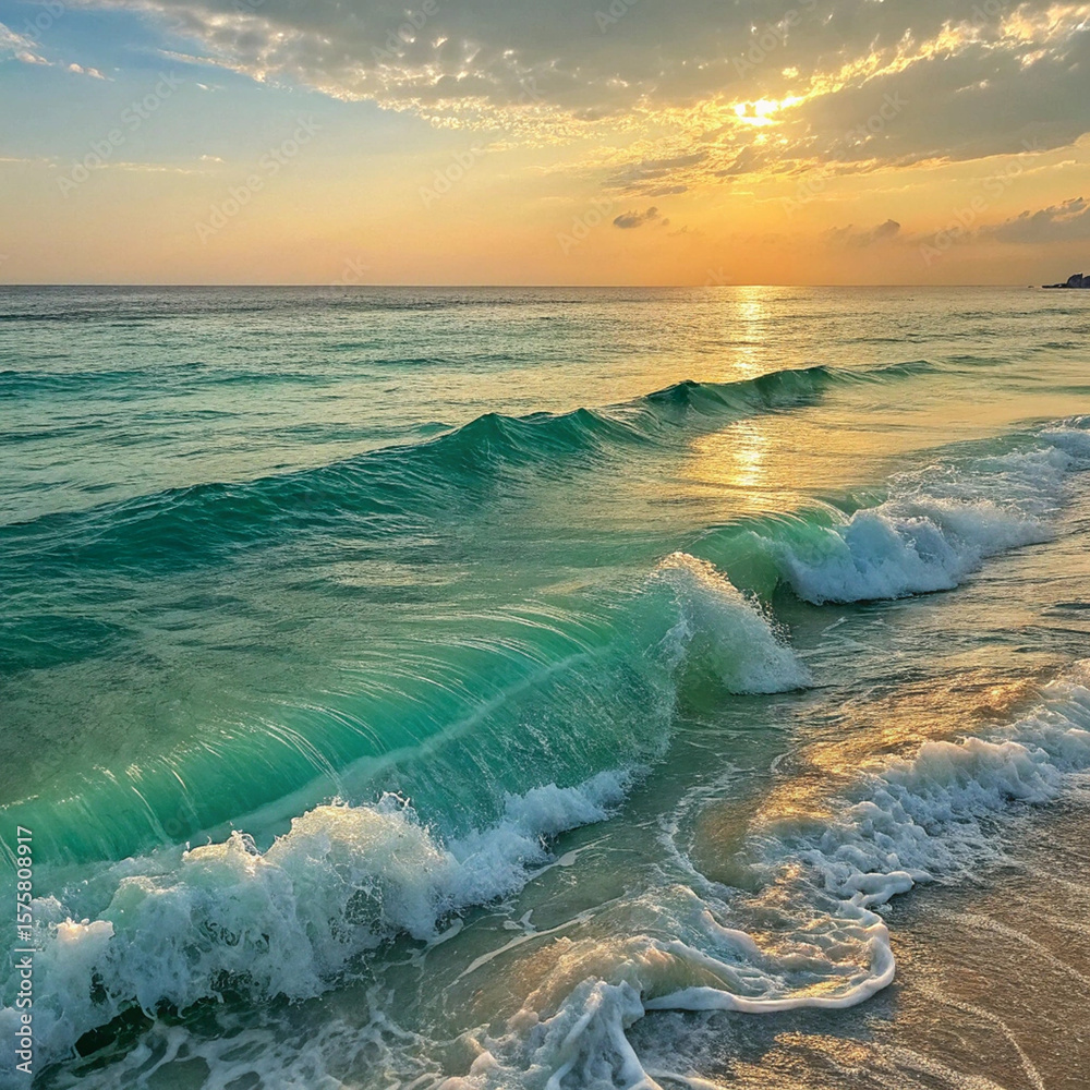 Naklejka premium Vibrant Ocean Waves Rolling onto Beach at Sunset