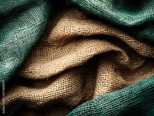 Textured Burlap Fabric Background, Beige and Teal Hessian Texture