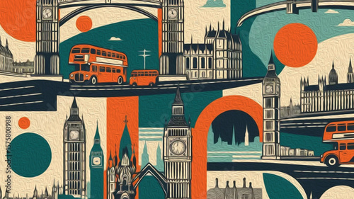 Oil painting. City landscape. Pattern for printing on wall decorations, fabrics, and for use in graphics.