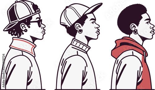 Three stylized illustrations of young men, shown in profile, facing right. All three have dark, curly hair and wear earrings.
