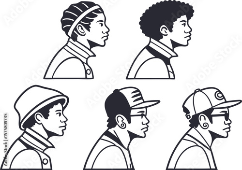 Five black-and-white, stylized line drawings of people's profiles, all facing right. Each figure is depicted from the shoulders up, featuring different hairstyles or headwear, and some wear glasses.