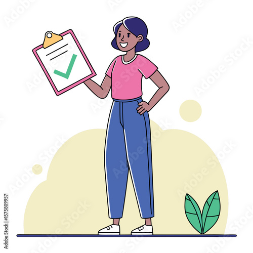 Young Woman Holding a Clipboard with a Checklist and a Green Check Mark
