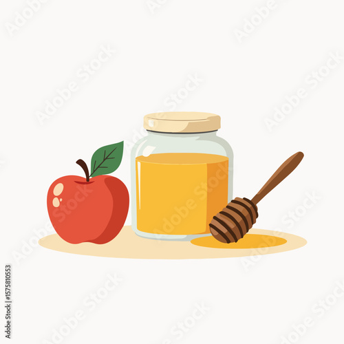 Minimalist apple and honey symbols representing Rosh Hashanah, Jewish New Year celebration with round challah, shofar blowing, and sweet symbolic food. 