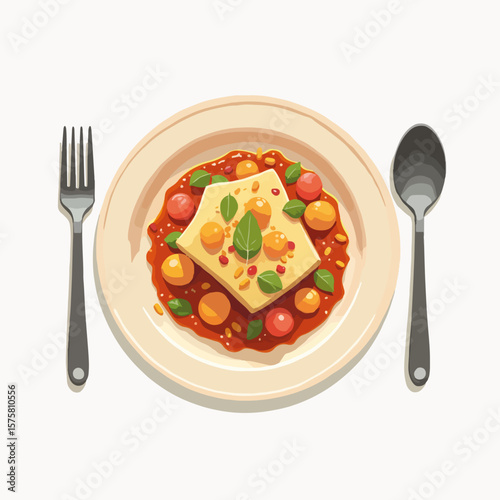 Overhead view of a holiday plate featuring symbolic food for Rosh Hashanah, including apples dipped in honey, round challah, and pomegranate.