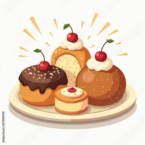 Rosh Hashanah sweets on a tray featuring assorted pastries adorned with cherries and cream. Rosh Hashanah sweets symbolize a sweet new year, set on festive tray for a holiday meal.