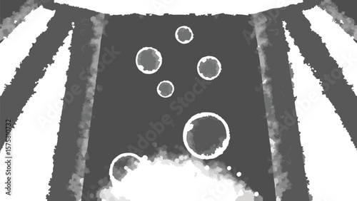 Abstract scene with bubbles floating upwards in a dark space surrounded by striped pillars nearby