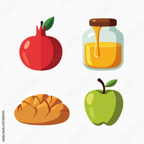 Rosh hashanah foods, set with challah, honey, apple, and pomegranate for Jewish New Year celebrations. Rosh hashanah foods symbolize sweet new year and tradition,