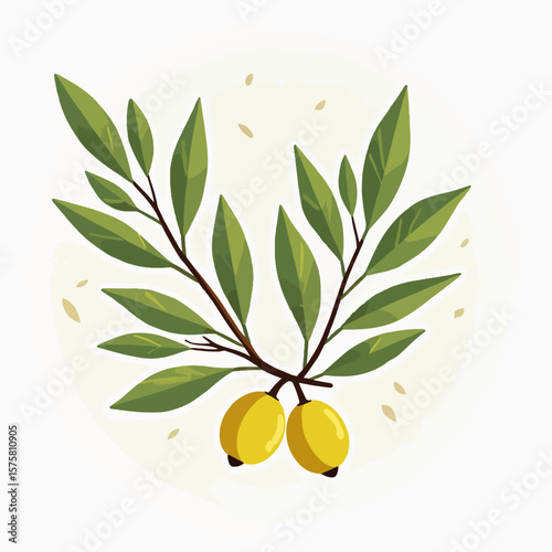 Stylized olive branches with ripe olives against subtle backdrop bring gentle beauty. Olive branches are symbolic, and this stylized olive branches artwork evokes peace and new beginnings,