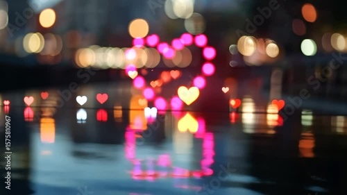 Blurry city lights reflected in water, forming hearts