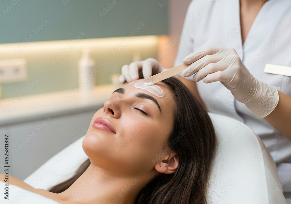 Naklejka premium A young woman lies on a treatment bed with her eyes closed, enjoying a facial treatment. A professional in wearing gloves, is applying a creamy product to her forehead using a wooden spatula