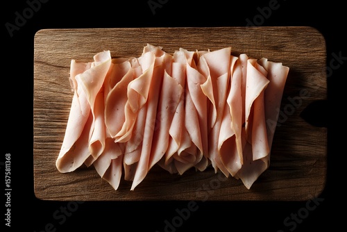 Thin Slices of Smoked Turkey Arranged on a Wooden Cutting Board