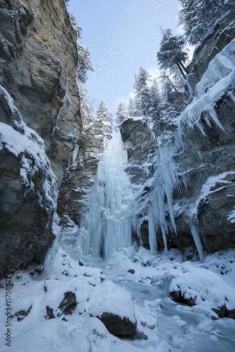 Majestic frozen waterfall cascading down snow covered rocks in a winter canyon, creating a breathtaking natural ice sculpture