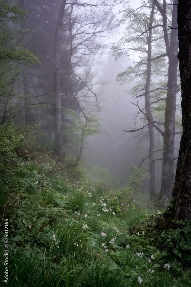 Obraz premium Delicate wildflowers carpeting misty forest floor, creating ethereal woodland landscape with soft, dreamy botanical ambiance