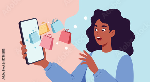 Woman Amazed by Online Shopping Experience Mobile Phone E-commerce
