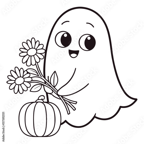 Adorable Cartoon Ghost Holding a Bouquet of Flowers Next to a Pumpkin Coloring Page
