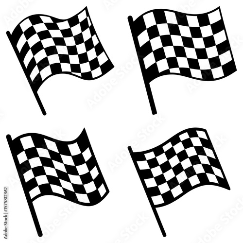 Four checkered flags waving on poles in a black and white illustration of a racing finish line marker